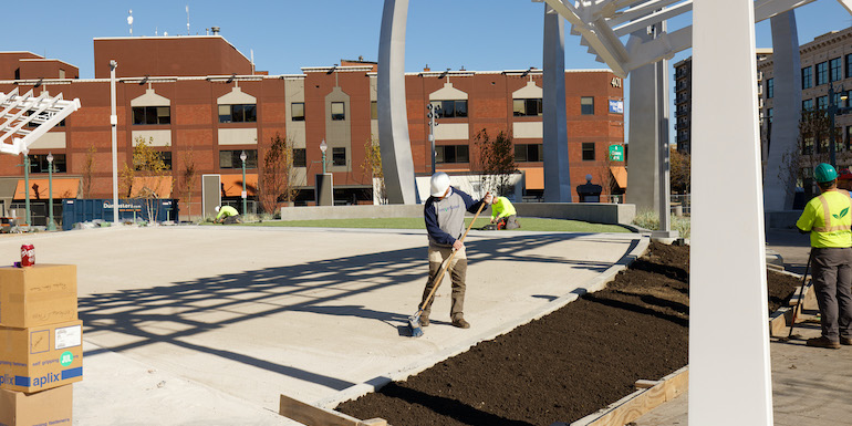 Centennial Plaza in Downtown Canton synthetic lawn installation